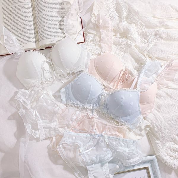 

japanese lingerie for small chest sweet cute lolita push up bra set lace underwear young women bra panty intimate clothes c1211, Black;white