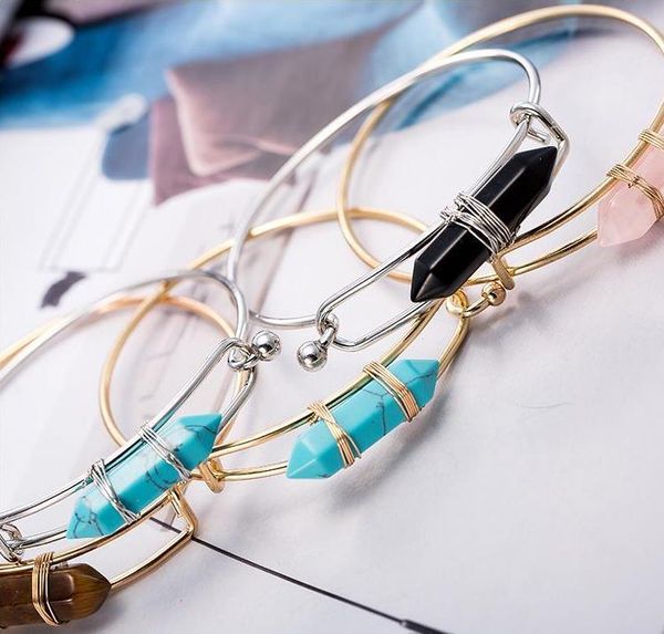 

bullet shape natural stone charms bracelets hexagonal prism quartz turquoise crystal gems bangle jewelry for women men bracelet 20 pcs, Black