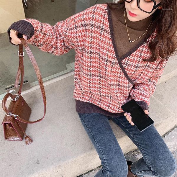 

women's sweaters 2021 winter vintage patchwork warm knitted sweater female v-neck long sleeve pullover mx19d57281, White;black