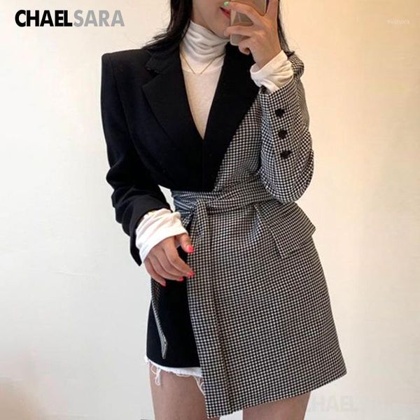 

2020 new women plaid long blazer jacket fashion streetwear stitching asymmetry ladys suit coat with belt1, White;black