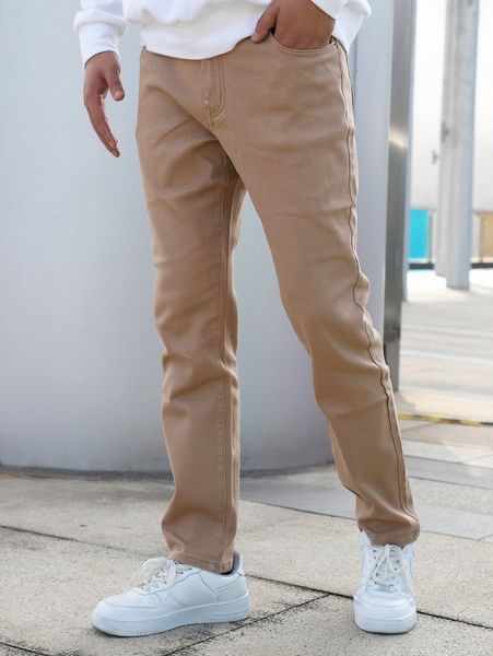 

men zipper fly solid tapered jeans n6zr#, Blue