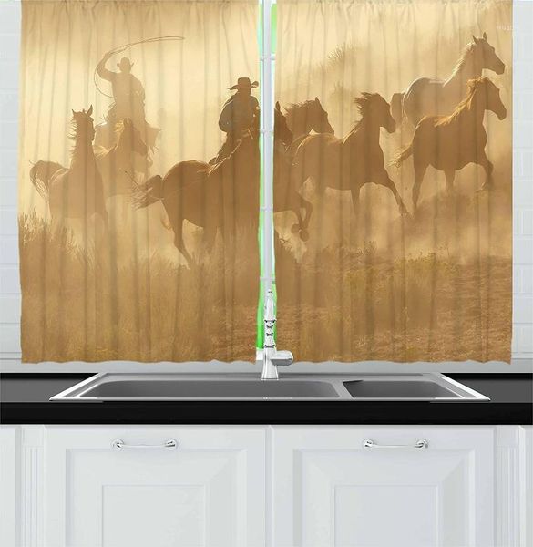 

western kitchen curtains galloping running horses in desert 2 cowboys roping dusty wild rural countryside window curtain1