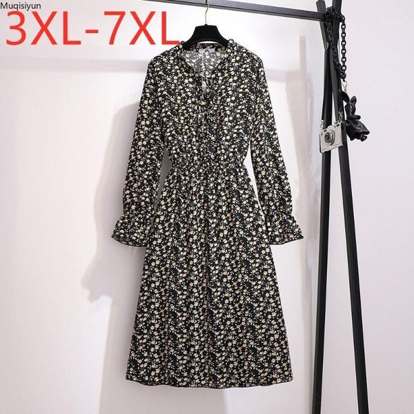 

new autumn winter plus size midi dress for women large loose long sleeve black floral print flower dress 3xl 4xl 5xl 6xl s30121, Black;gray