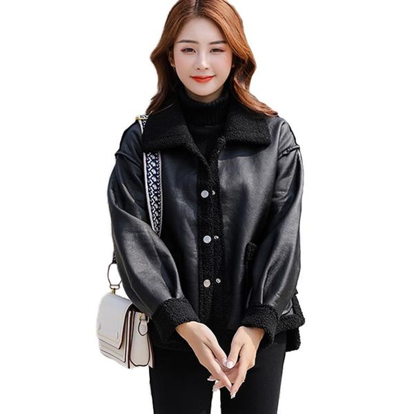 

plus size women winter leather coat imitation lamb's wool short coat thicken loose jacket female flocking oversize parka g775, Black