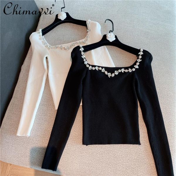 

2021 autumn and winter new knit sweater base shirt women black pullover short rhinestone square collar long sleeve 1, White;black