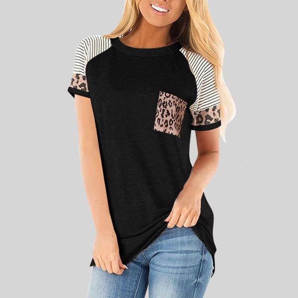 

pocket leopard t-shirt patchwork casual women tshirt tunic ladies summer female short sleeve shirt blusas pullover, White