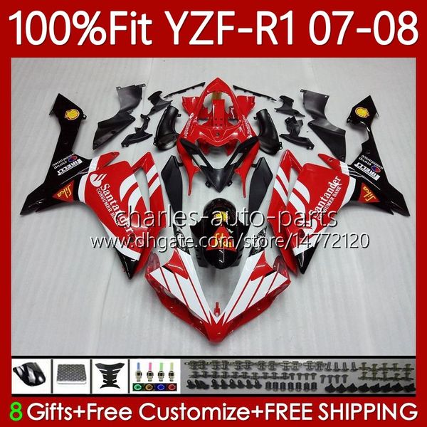 OEM-Karosserie 100 % passend für Yamaha YZF-R1 YZF1000 YZF R 1 1000 CC 07–08 Moto-Karosserie 91 Nr. 22 YZF R1 1000CC YZFR1 07 08 YZF-1000 2007 2008 Spritzguss-Verkleidungsset Santander rot schwarz