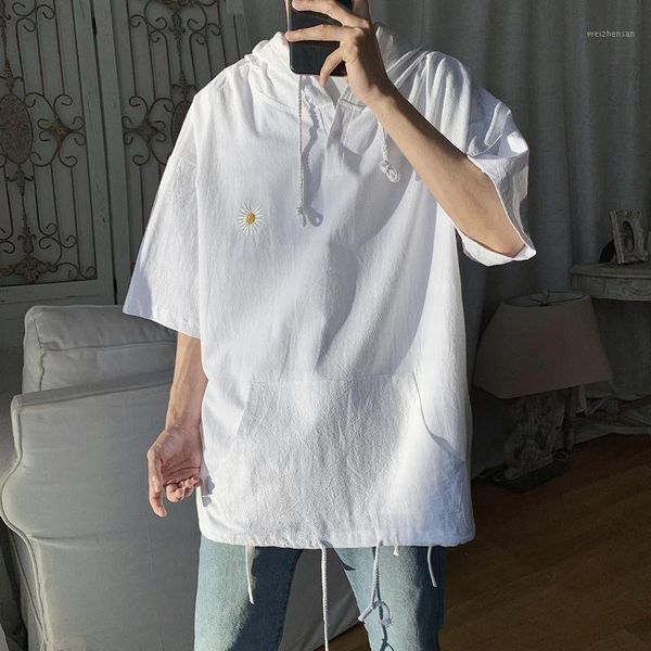 

summer hooded shirt men short sleeve fashion front pockets men loose shirts pullovers cotton adjustable hem casual shirts1, White;black