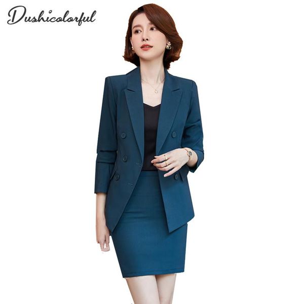 

two piece dress dushicolorful women's office suit 2 pieces set blazer high waist skirt offices ladies jacket and suits for women, White