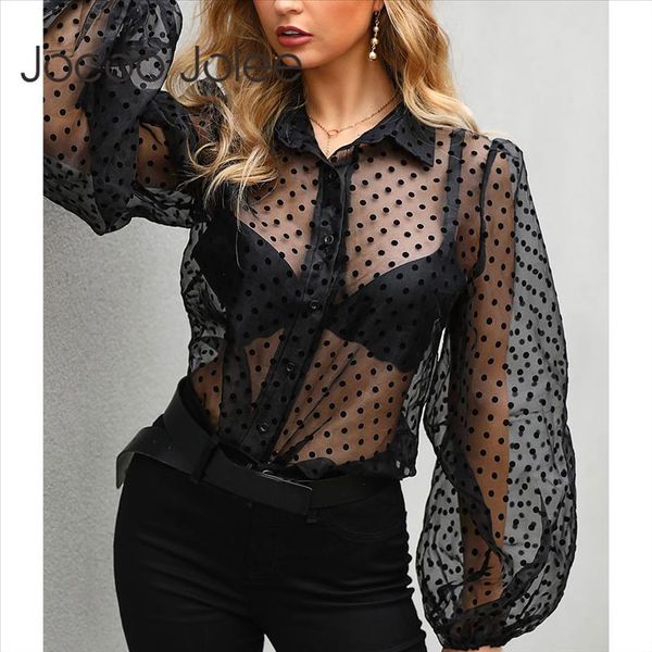 

jocoo jolee women mesh sheer blouse see through lantern long sleeve shirt fashion polka dot transparent white shirt female blusa