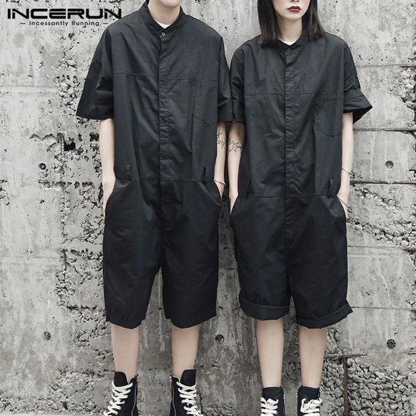 

men's pants incerun rompers mens cargo overalls loose solid color 2021 streetwear punk style shortsleeve playsuit men jumpsuit s-5xl1, Black
