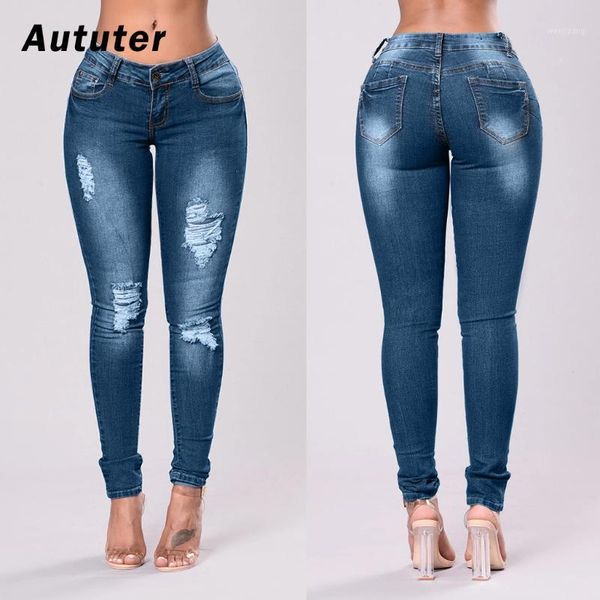 

2020 womens stretch skinny ripped hole washed denim jeans female slim jeggings high waist pencil pants trousers#a31, Blue