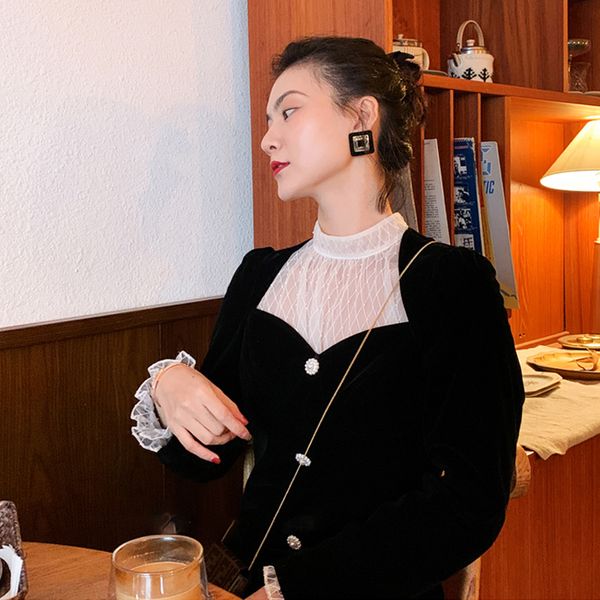 

2021 new black long sleeve velvet elegant square collar women slim korean wedding party clothes ladies one-piece dress ybn8, Black;gray