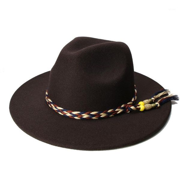 

luckylianji retro women men vintage 100% wool wide brim cap fedora panama jazz bowler hat tassel knit band (57cm/adjusted)1, Blue;gray
