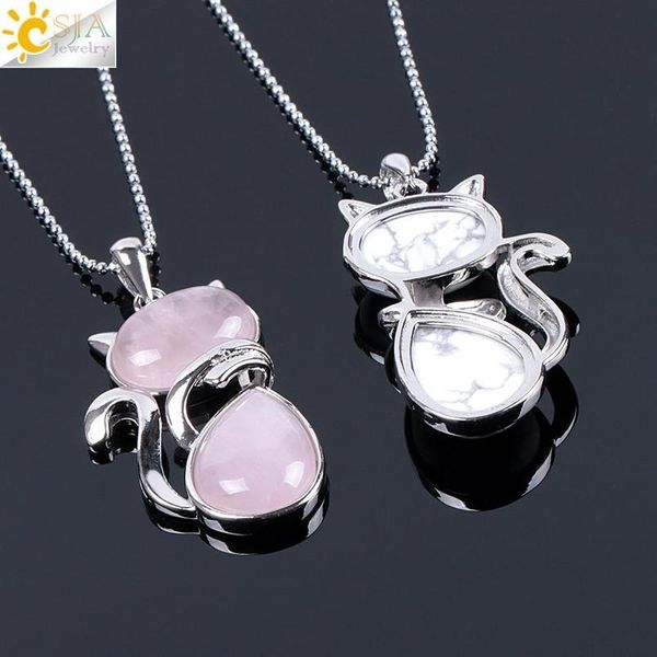 

csja reiki natural stone necklaces pink quartz pendants for women girl cute cat shape rock black onyx beads chain jewe qylfpy