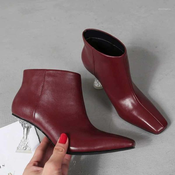 

autumn and winter new square toe ankle boots british style crystal high heel wine red black brown leather boots women's big size1