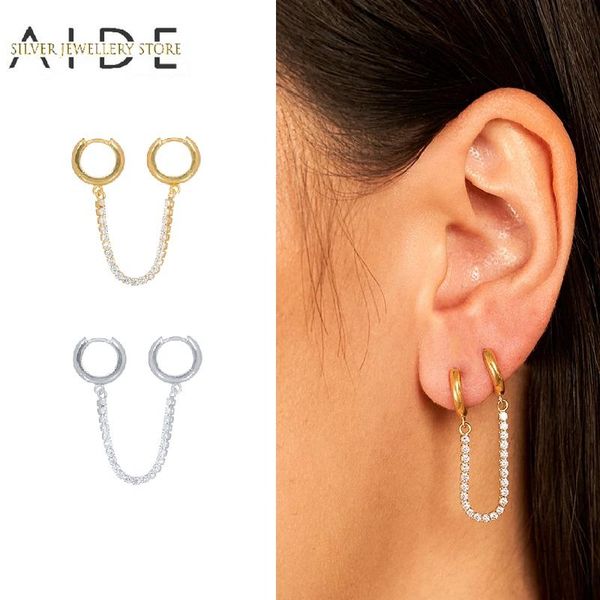 

hoop & huggie aide minimalism zircon chain earrings for women punk ins ear back hanging piercing earings silver 925 jewelry pendientes, Golden;silver