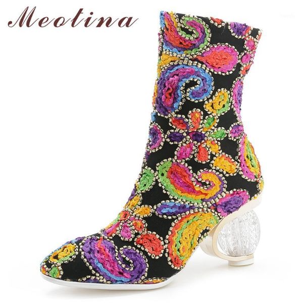 

boots meotina women ankle winter rhinestone strange style heels short flower high heel shoes ladies plus size 34-431, Black