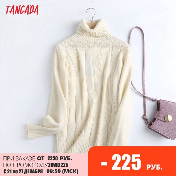 

tangada 2021 women beige woolen turtlene knitted sweater jumper female elegant pullovers chic 6d70, Black