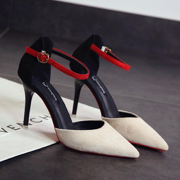 

2021 autumn flock pointed sandals high heels female concise elegant high-heeled color matching shoes mujer u18-11, Black