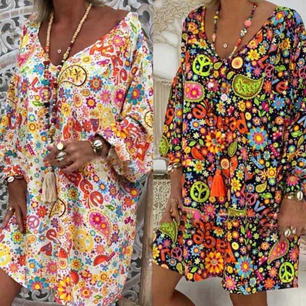 

new women casual multicolor paisley print long sleeve v neck summer loose mini dress drop shipping, Black;gray