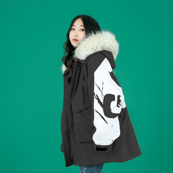 

oversize winter jackets women korean loose down coats womens thick warm cotton parka jacket female big fur collar outwear, Black