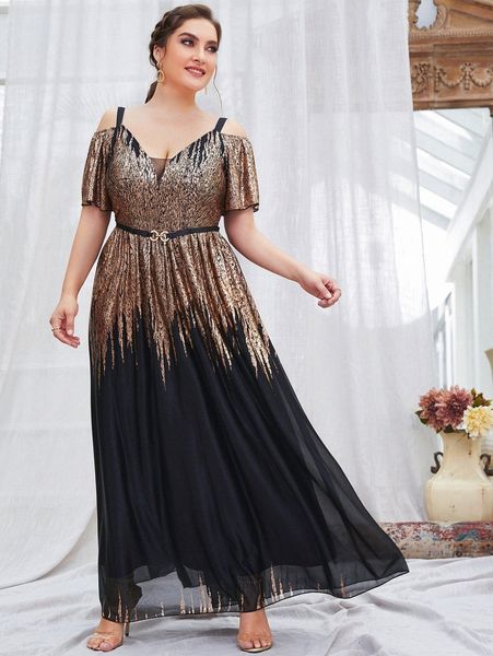 

plus gold printing cold shoulder belted maxi dress a1ck#, Black