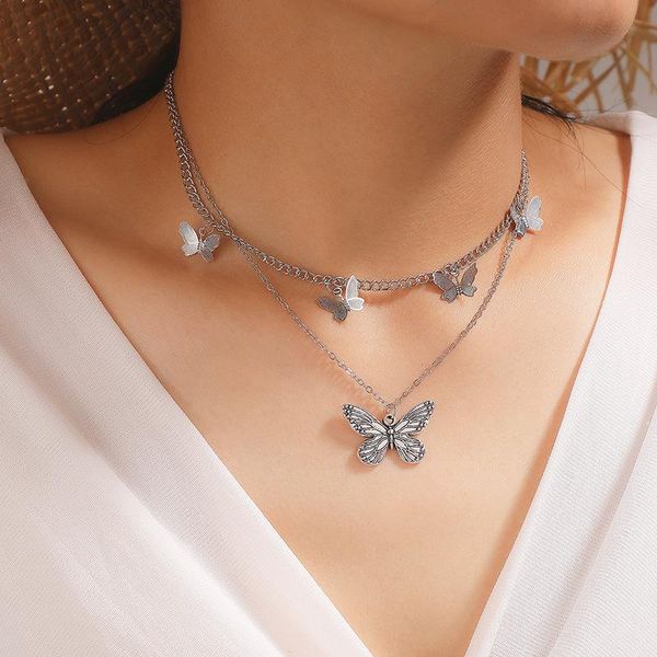 

brling new 2020 fashion ins vintage chain pendant choker butterfly simple double clavicle necklace for women girls gifts party, Golden;silver