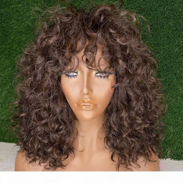 

180 density peruvian chocolate brown 360 lace frontal human hair wigs with bangs fringe loose deep curly glueless full lace wigs, Black