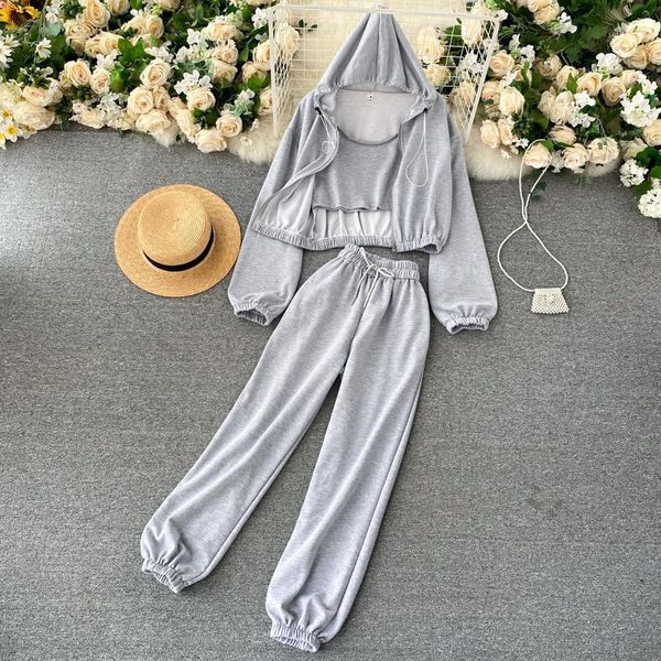 

3 piece set women's zipper hooded long sleeve sweater + camisole + high waist loose pants autumn soft 3 piece outfits for woman1, Gray