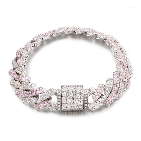 

fashion silver pink color matching zircon strip cuban chain bracelet hip hop bracelet for men and women11, Black
