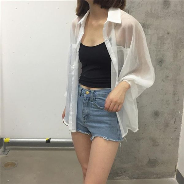 

summer white women shirt cotton linen button white blue floral turn down collar transparent loose blouse drop shipping