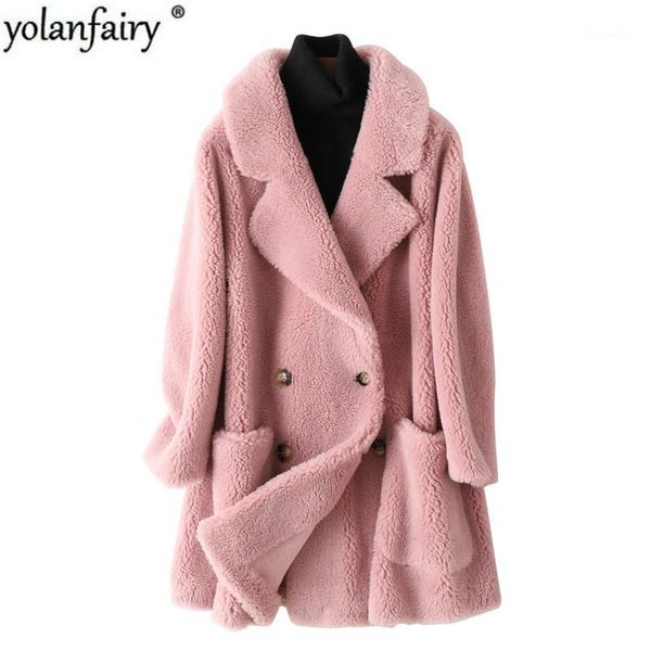 

women's fur & faux real coat female wool jacket autumn winter women clothes 2021 korean vintage sheep shearling abrigo mujer1, Black