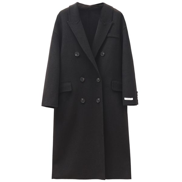 

mside cashmere work clothes double breasted suit collar wool women's medium length black over knee large woolen coat