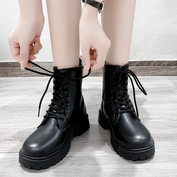 

martin boots female autumn thin section british style thick-soled handsome motorcycle boots 8-hole female short, Black