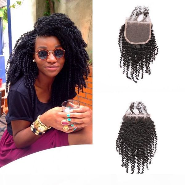 

peruvian virgin hair kinky curly lace closure with baby hair middle three part closures human hair, Black;brown