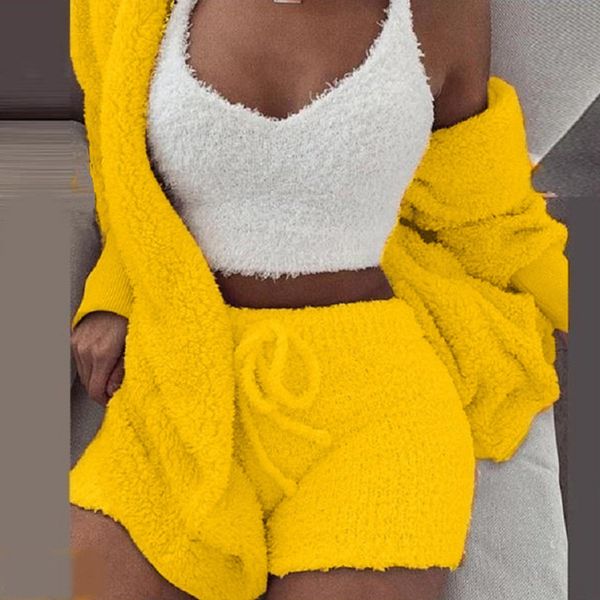 

plush tracksuit women 3 pieces set sweatshirts sweatpants sweatsuit 3xl jacket crop shorts suit sports suit jogging femme 2021, White
