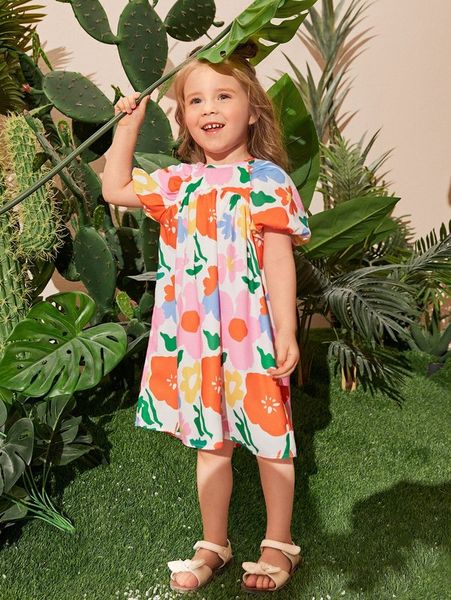 

toddler girls puff sleeve floral smock dress she, Red;yellow