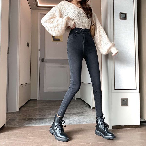 

with enjun] a2958 high waisted plush women's jeans show thin black tight and versatile small foot pencil pants fashion, Blue