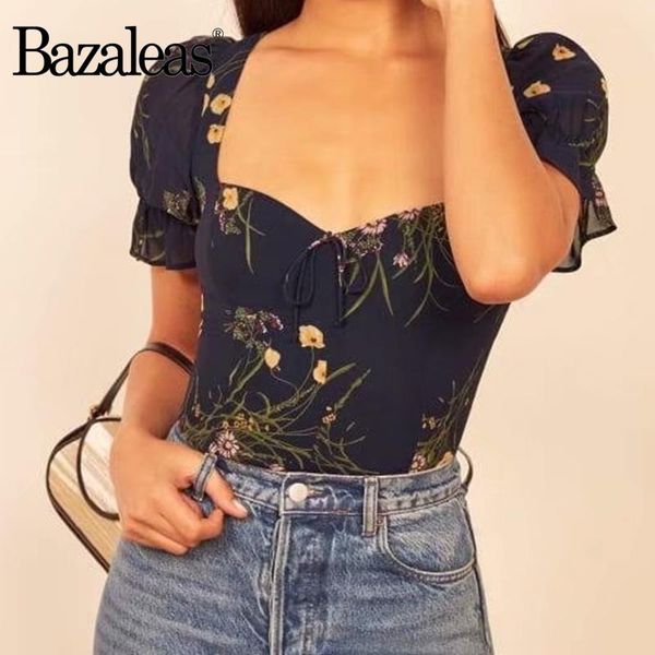 

women's blouses & shirts bazaleas vintage slim elastic france floral print navy women blouse elegant blusas mujer de moda 2021, White