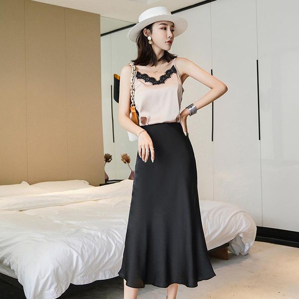 

skirts korean england office lady simple satin elegant summer midi length skirt women faldas mujer moda plus size xl, Black