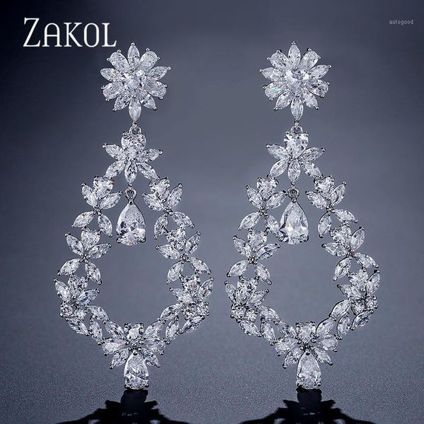 

dangle & chandelier zakol vintage design large party drop earrings jewelry zircon setting long flower big size fancy for women fsep3361, Silver