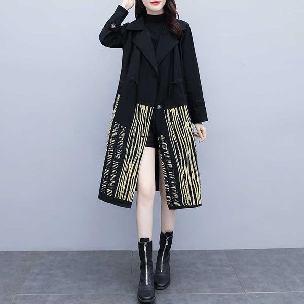 

5xl plus size windbreaker casual trench fashion printing women's clothing long wind coat raincoat, Tan;black