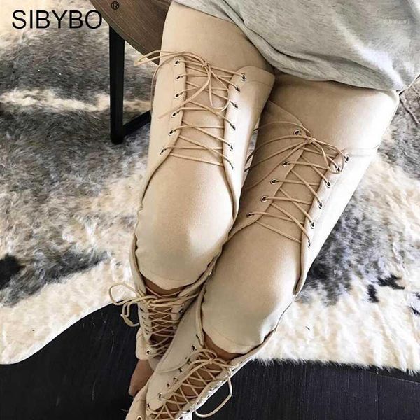 

sibybo lace up suede leather pants women autumn new hollow out skinny trousers women bandage long casual pants1, Black;white