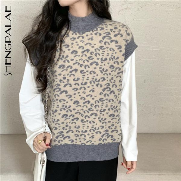 

shengpalae leopard waistcoat women's autumn new half high collar double sleeveless knitted sweater vest fashion 2021 trend 5a4401, Black;white