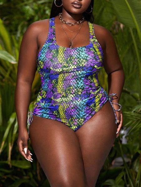

plus snakeskin print drawstring one piece swimsuit s2ts#, Black
