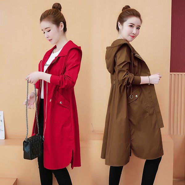 

2021 new autumn woman hooded trench coat fashion solid zipper waterproof outerwear loose female long sleeve windbreaker plus size 3xl 245 tw, Tan;black
