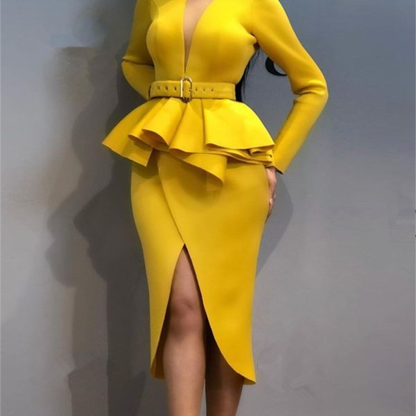 Женщины тонкое платье с талией ремень океплом щель длинные рукава офис леди мода носить элегантные поддельные две части устанавливает стильную одежду T200320