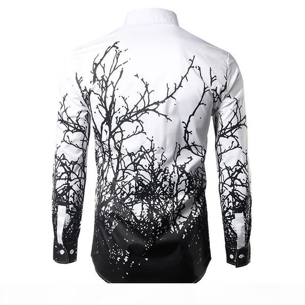 

men 2017 branches ink printing mens dress shirts casual slim fit white black chemise homme cotton shirts men