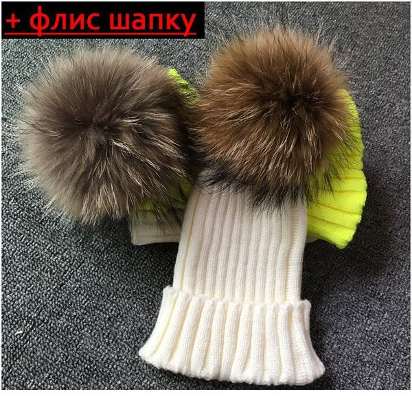 

100% real raccoon fur hats knitted wool gunuine fur pompom beanies hat winter cap f qylfbk, Blue;gray